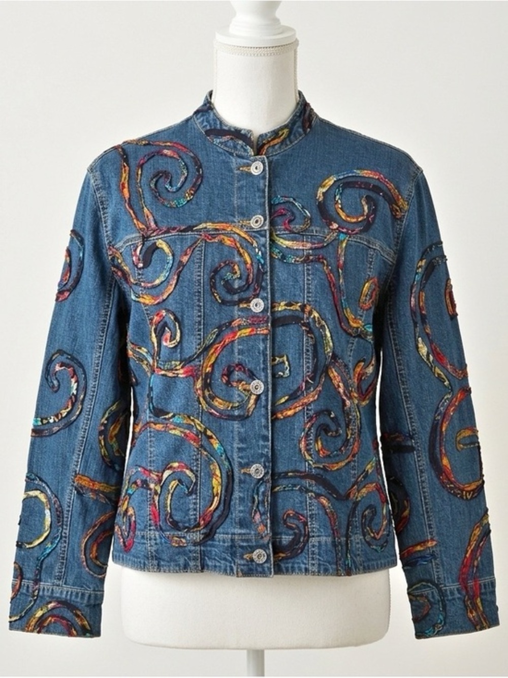 Vintage Chico's Denim Jacket Wearable Art Colorful Swirl Applique Size Medium